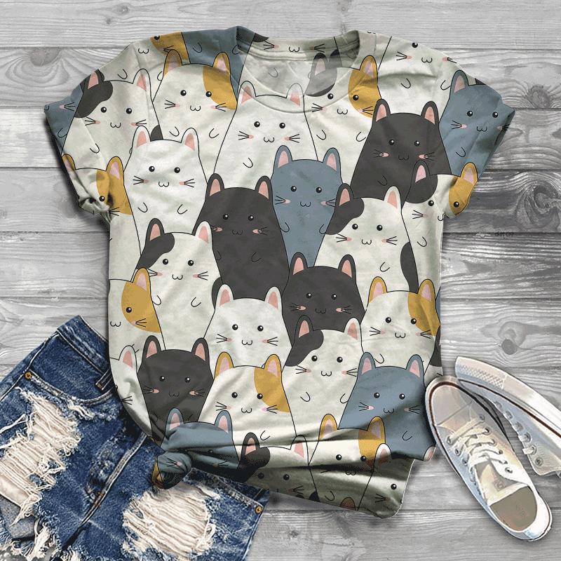 Vintage Damen T-Shirt Cartoon Kätzchen Harajuku Kleidung Lässige Kurzarm T-Shirts Sommer Damen Pullover Locker Streetwear