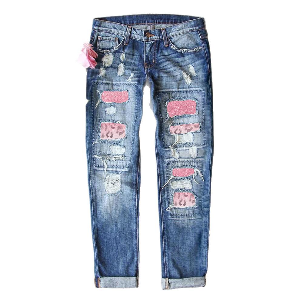 Spring 2025 Women's Ripped Jeans with Printed Appliqué - Casual Versatile Long Pants