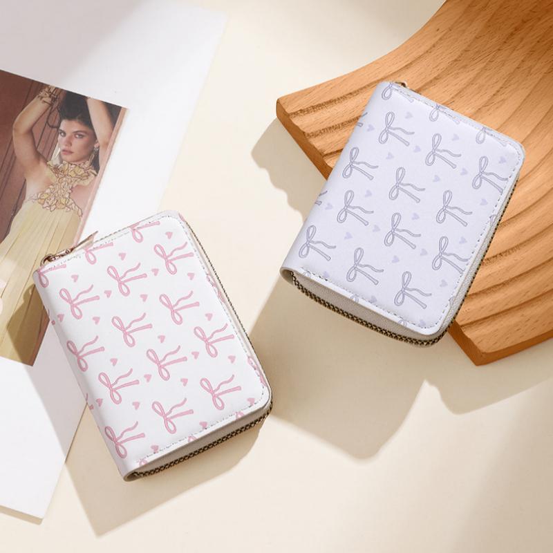 Cute Bow Print PU Leather Card Holder Multiple Slots Secure Zipper Coin Purse Small Wallet for Weekend Trips
