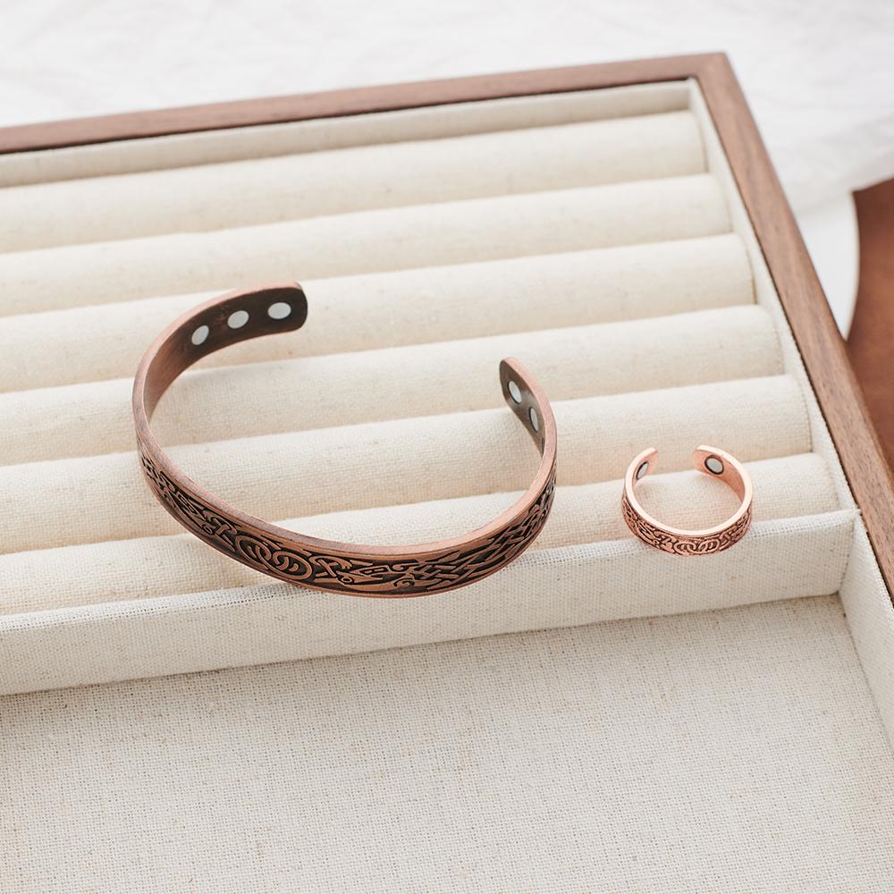 European and American Copper Vintage Simple Double Ring Pattern Magnet Energy Ring Bracelet Set