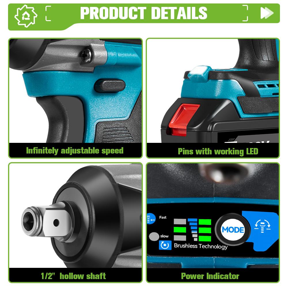 ONEGREEN Brushless 1000N.M Electric Impact Wrench 1/2" Cordless Drill Screwdriver Car Repair Power Tool For Makita Battery Pin