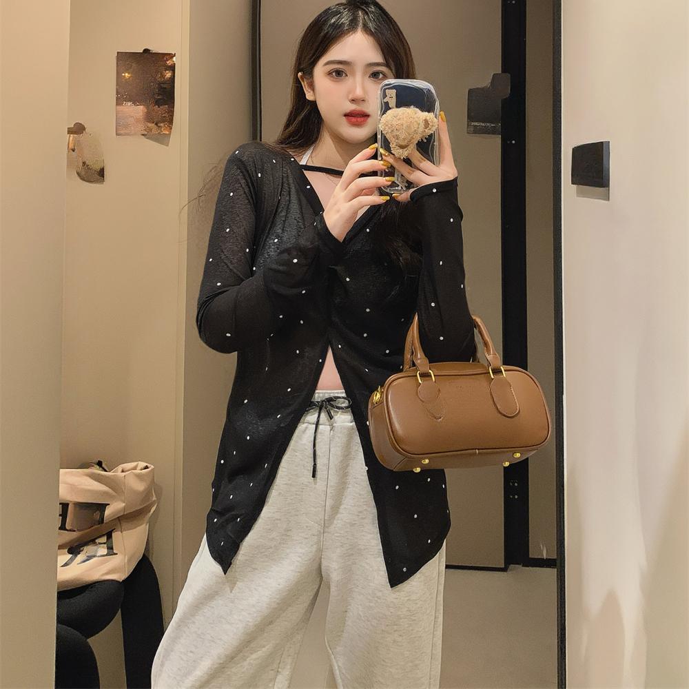 Summer Wear Both Front and Back Slit Polka Dot Long Sleeve T-shirt Women Thin Slightly Transparent Sunscreen Cover T Shirt Casual Loose Relaxed Tops