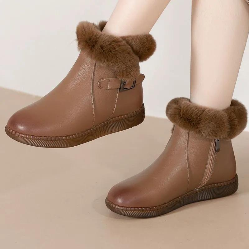 Flat-bottomed Short Boots, Women's Winter Mother Shoes, Rabbit Fur Thick Cotton Shoes, Women's Boots, Soft-soled Plus Velvet Leather Shoes, Snow Boots