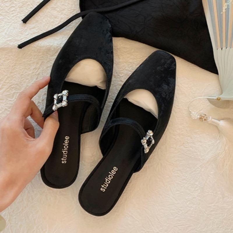 Fashion Women's Fashion Baotou Slippers Spring New Square Head Shallow Mouth Metal Buckle Soft Sole Non-slip Flat Shoes