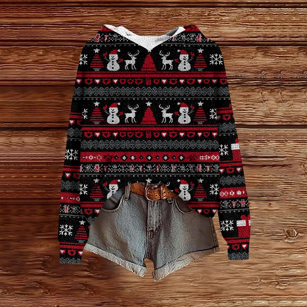 Women's Fashion Casual Long Sleeve Christmas Print Hooded Knitted Sweatshirt