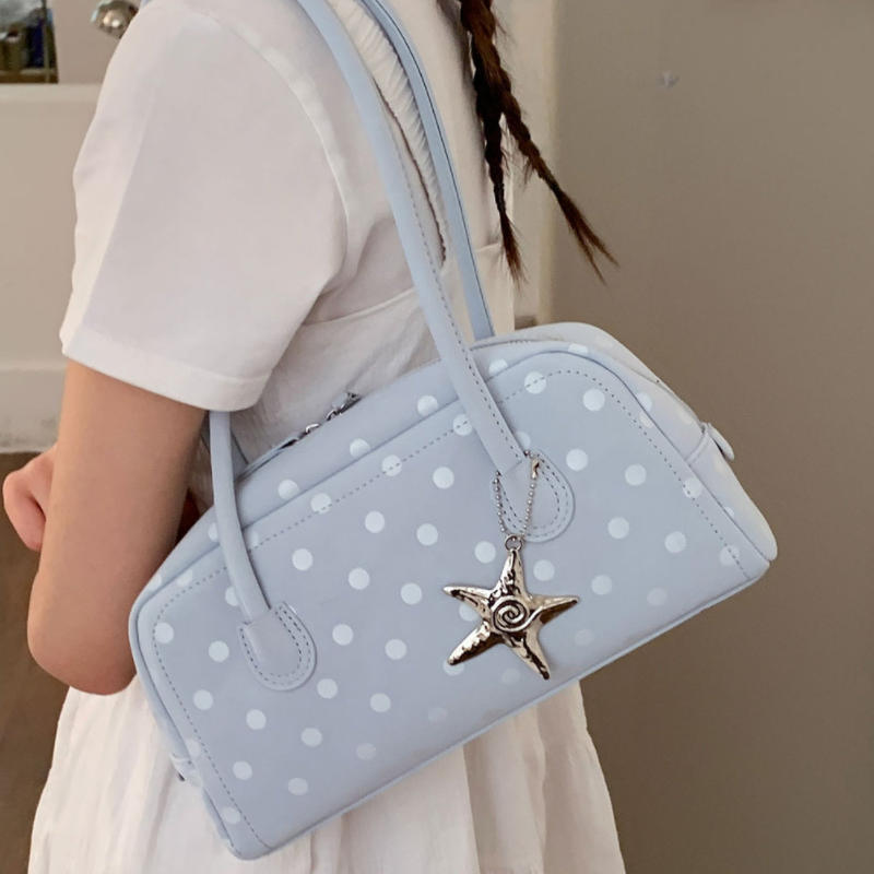 Korean Style Polka Dot Handbag Retro Bowling Bag Large Capacity Shoulder Bag Casual And Simple Underarm Bag With Star Charm
