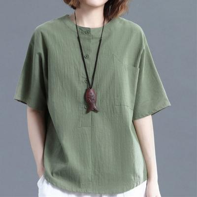 Cotton Linen Women's Short Sleeve Blouse Summer Artistic Plus Size Solid Color Casual Linen Shirt Top for Women