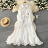 Light luxury long-sleeved lantern-sleeved mesh dress women's summer lace-up waist A-word elegant long dress commuting