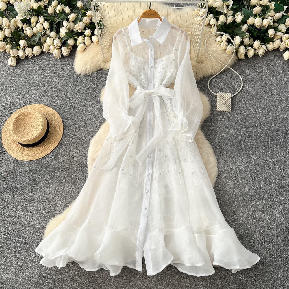 Light luxury long-sleeved lantern-sleeved mesh dress women's summer lace-up waist A-word elegant long dress commuting