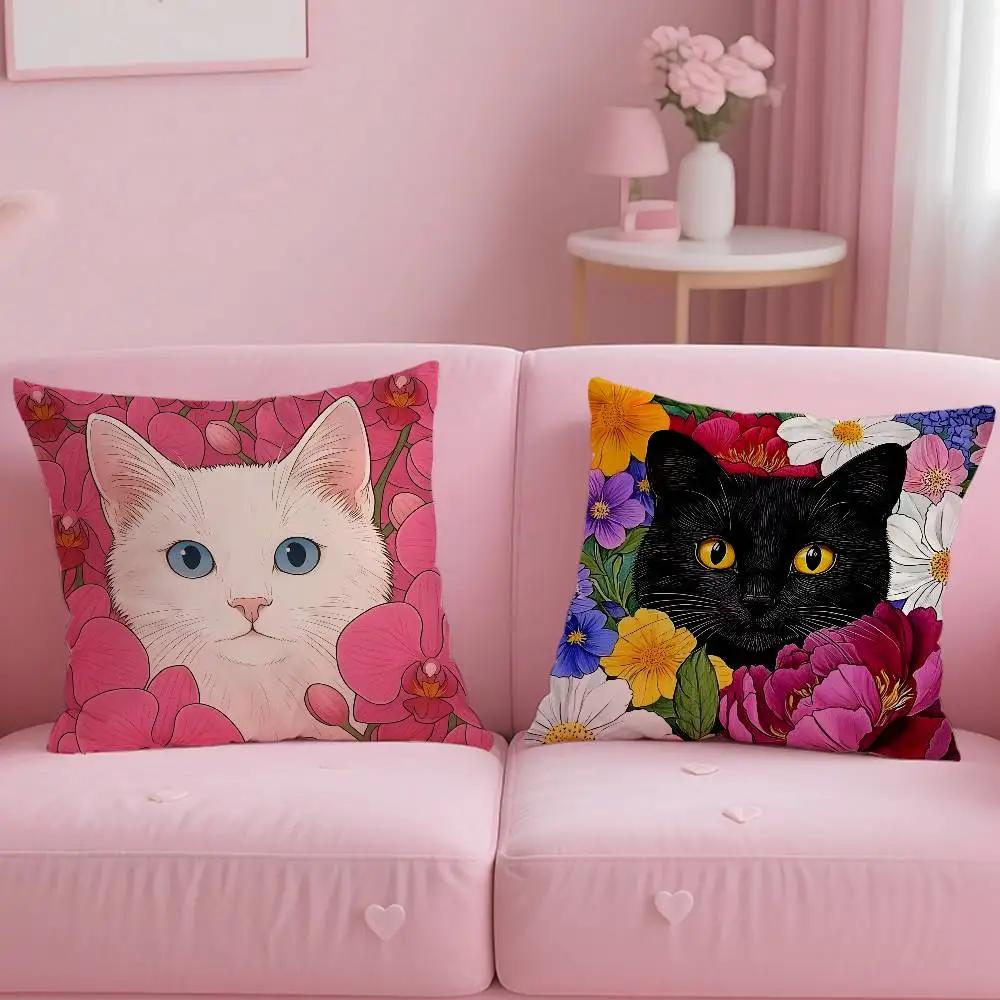 Cat In the Flowers Aesthetic Pillow Case Anti-dustmite Pillow Invisible Zipper Silky Short Plush Sofa Cushion Cover