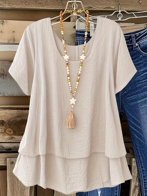 2025 New Women's Plus Size Cotton Linen Round Neck Loose Top - Solid Color
