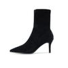 2025 Autumn and Winter New Short Boots Women's High Heel Thin Heel Pointed Black Elastic Thin Boots Versatile Internet Celebrity Medium Single Boots