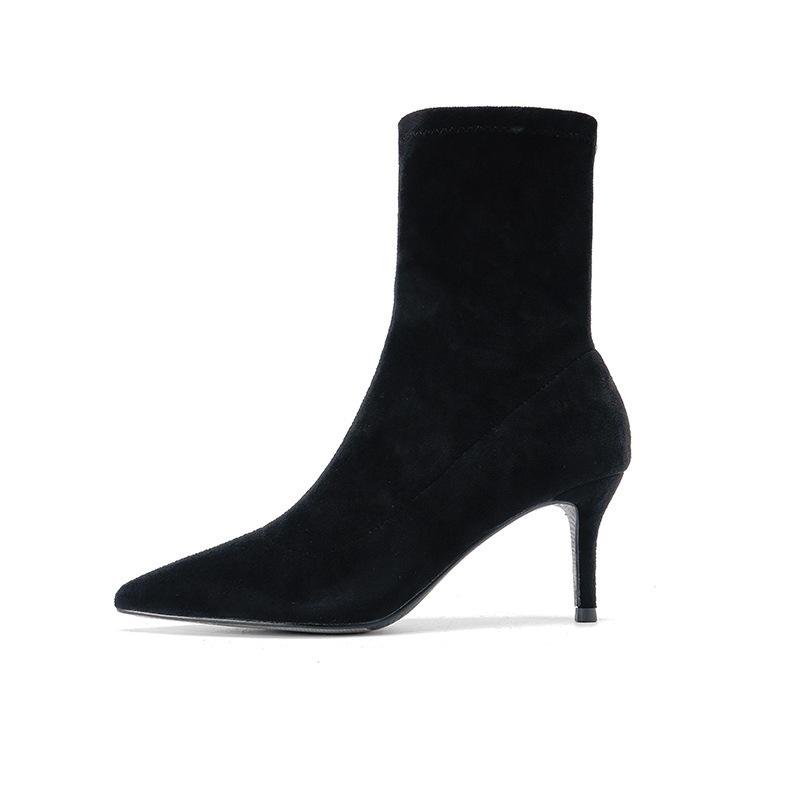 2025 Autumn and Winter New Short Boots Women's High Heel Thin Heel Pointed Black Elastic Thin Boots Versatile Internet Celebrity Medium Single Boots