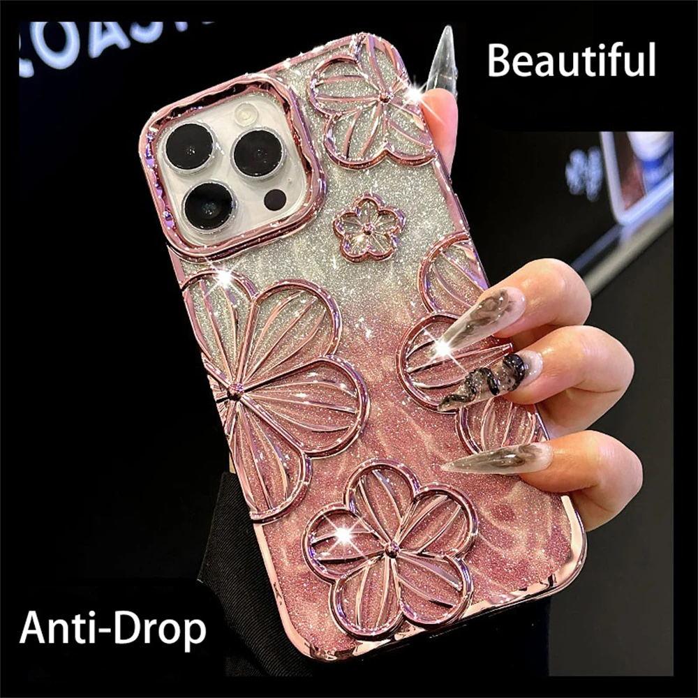 Luxury Plating Glitter Laser Flowers Gradual Soft Case For iPhone 16 Pro Max 15 14 13 12 11 Artistic Lens Protective Cover Funda
