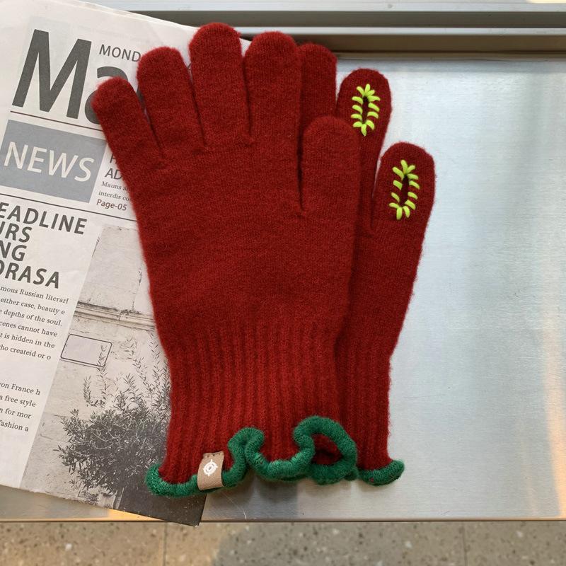 Fashionable Five-finger Glutinous Autumn and Winter Touch Screen Reveals Two Finger Warm Soft Women's Cute Wool Wool