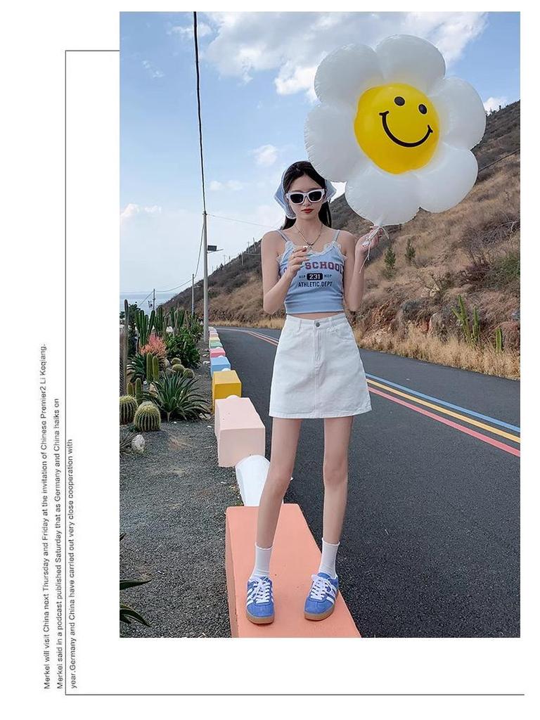 Women's High Waist White Denim Midi Skirt - Summer 2025 A-Line Bodycon Skirt with Anti-Exposure Design