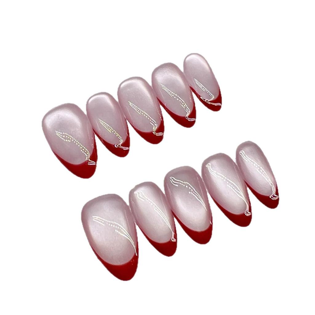 French Retro Cat Eye Red Wine Handmade Nail Art for New Year
