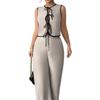 In stock, spring and summer new cross-border foreign trade European size women's contrasting color lace-up bow tie shirt beige wide-leg pants set