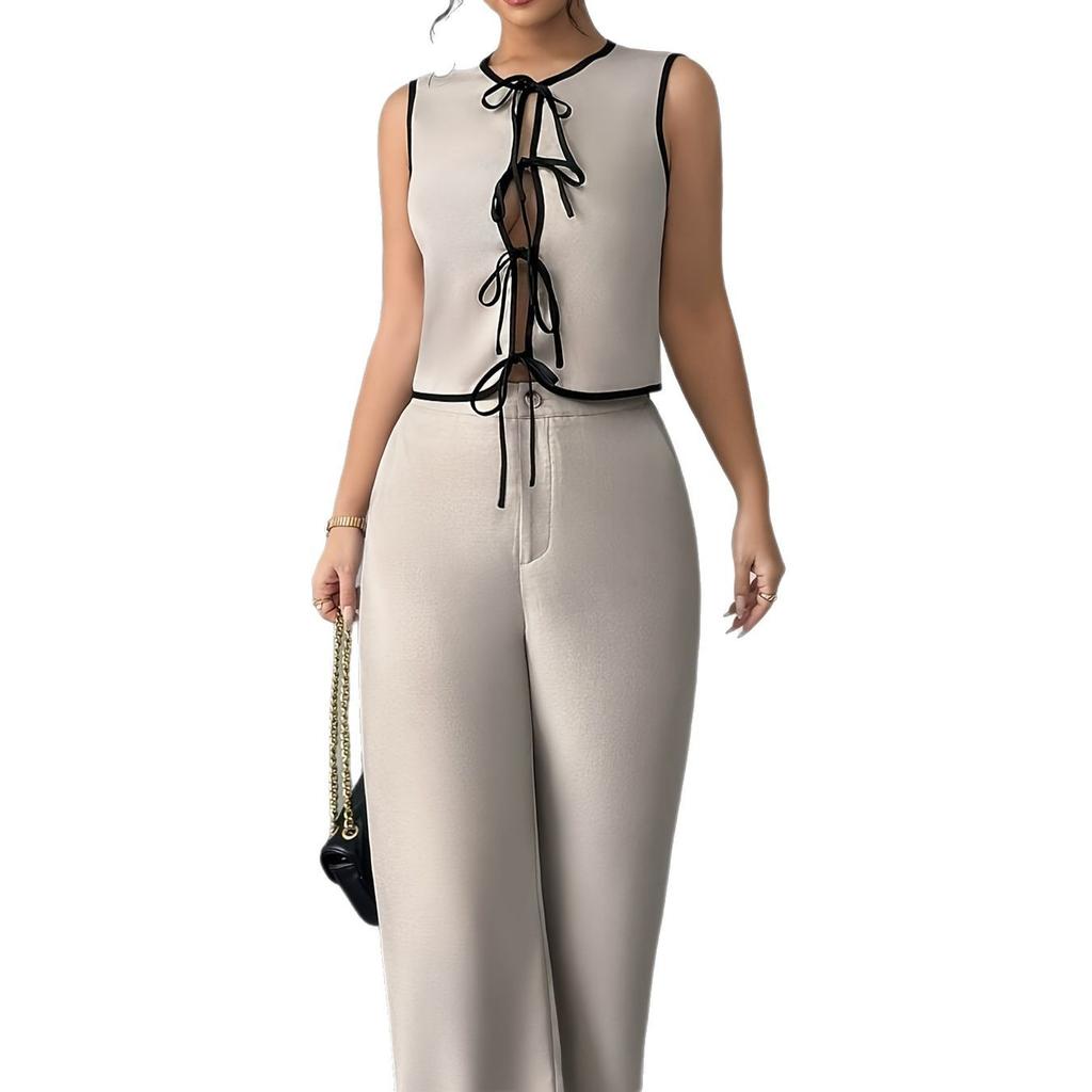 In stock, spring and summer new cross-border foreign trade European size women's contrasting color lace-up bow tie shirt beige wide-leg pants set