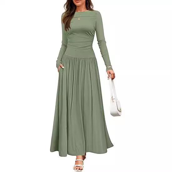 2025 Cross-border Women's Round Neck Pleated Pocket Slim Fit Long Sleeve Knit Dress
