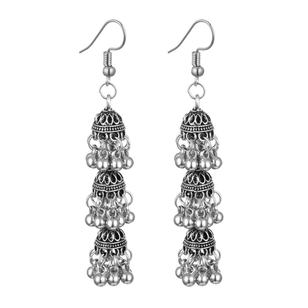 Pair Of Alloy Made Bohemian Style Dangling Earrings With Three Layer Hollow Out Bell Tassels For Versatile Outfits And Special Event