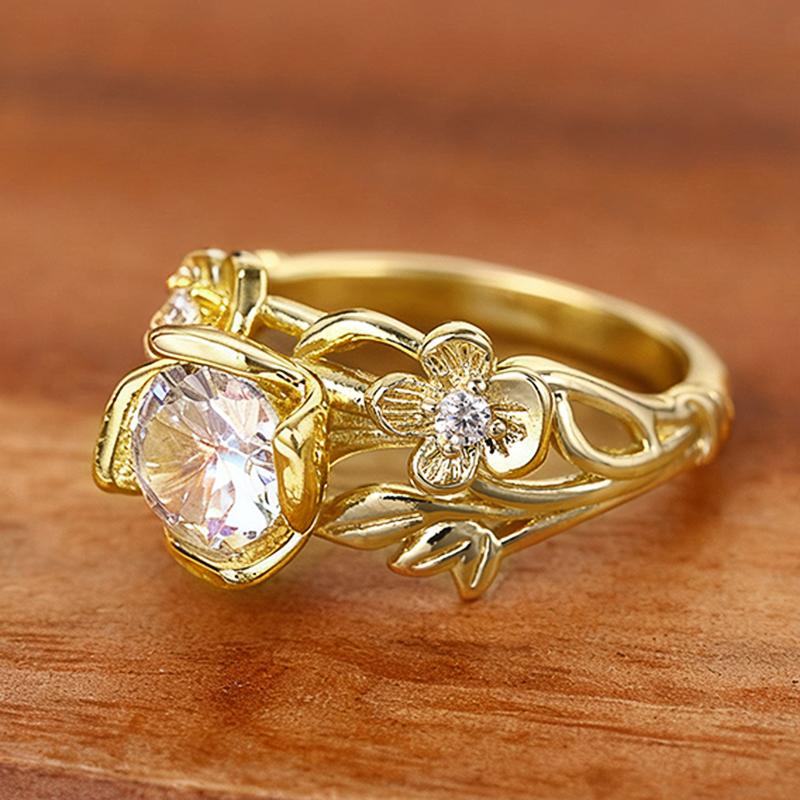 Huitan Aesthetic Flower Shaped Ring for Women Gold Color Noble Party Wedding Fresh Accessories Fancy Lady Jewelry with Shiny CZGood Product