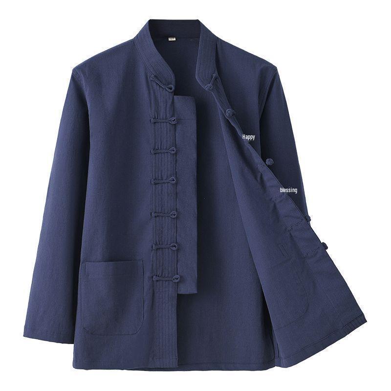 Men's Retro Tang Suit: Stretch Cotton Shirt with Stand Collar & Frog Button