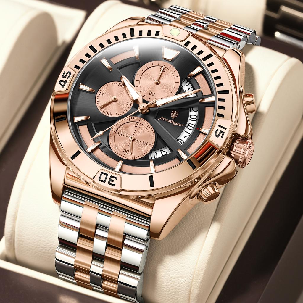 Men Chronograph Watches Stainless Steel Analog Quartz Wrist Watch Waterproof Luminous Date Business Dress Watch for Men