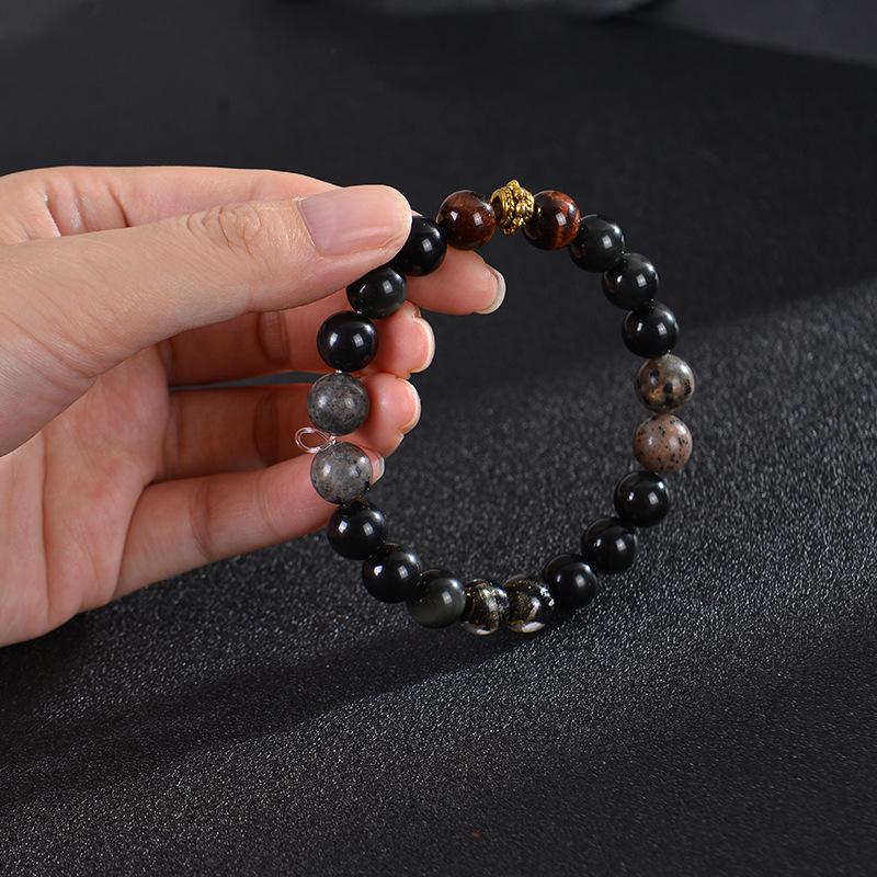 Obsidian Flame & Red Tiger Eye Beaded Bracelet: Mythical Wukong Hand Jewelry with Gold Foil Accents