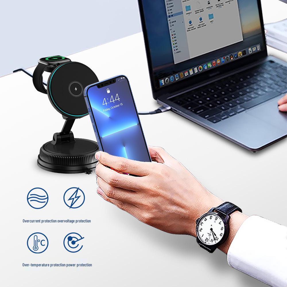 15W Magnetic Wireless Car Charger & Foldable Phone Holder with Suction Cup for Apple Devices