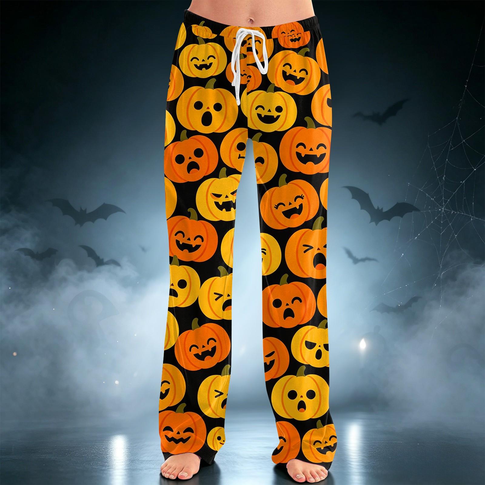 Women s Halloween Print Drawstring Wide Leg Pants for Casual Home Wear L
