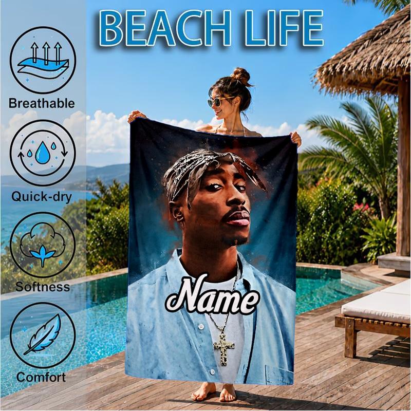 Custom Name Rap Legend Tupac Heart In Space Adventure Microfiber Beach Towel, Lightweight for Summer Travel, Swimming Pool Fan Gift