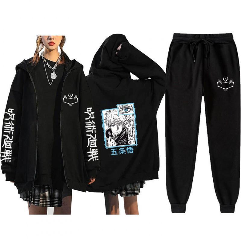 Unisex Winter Casual Sport Set With Anime Print Hooded Zip-Up Sweatshirt Jogger Pants Cotton Blend
