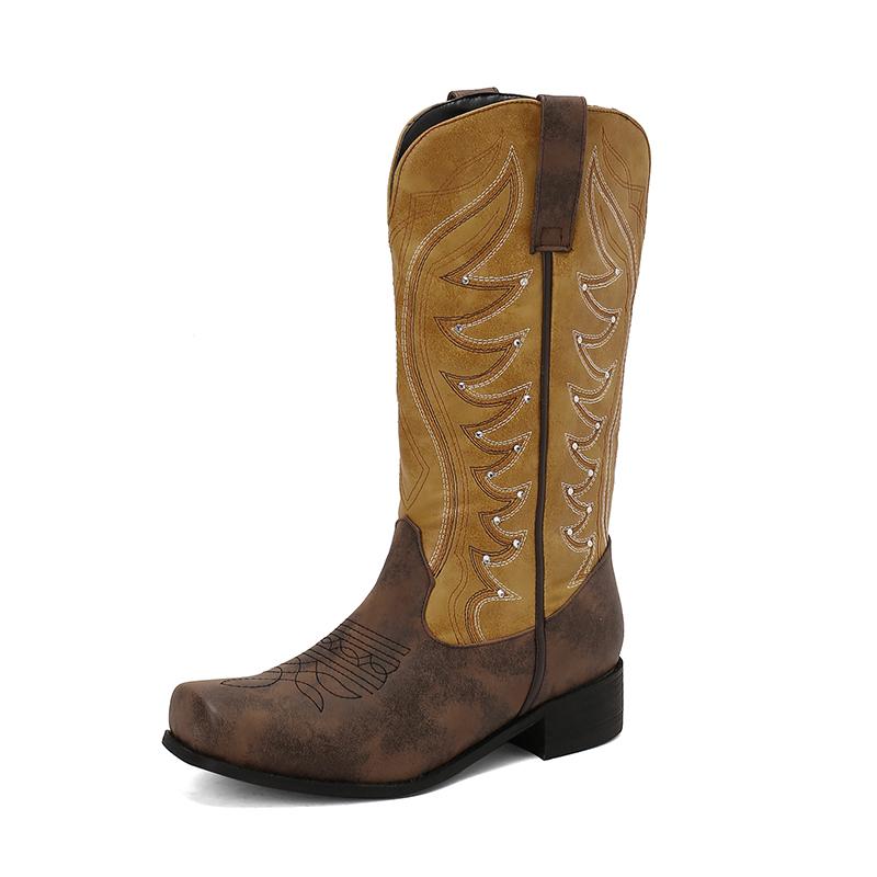 Cowboy Embroider Western Boots Women's Mid Calf Boots Crystal Decor Retro Shoes Patchwork Mixed Colours Comfy Chunky Med Heels