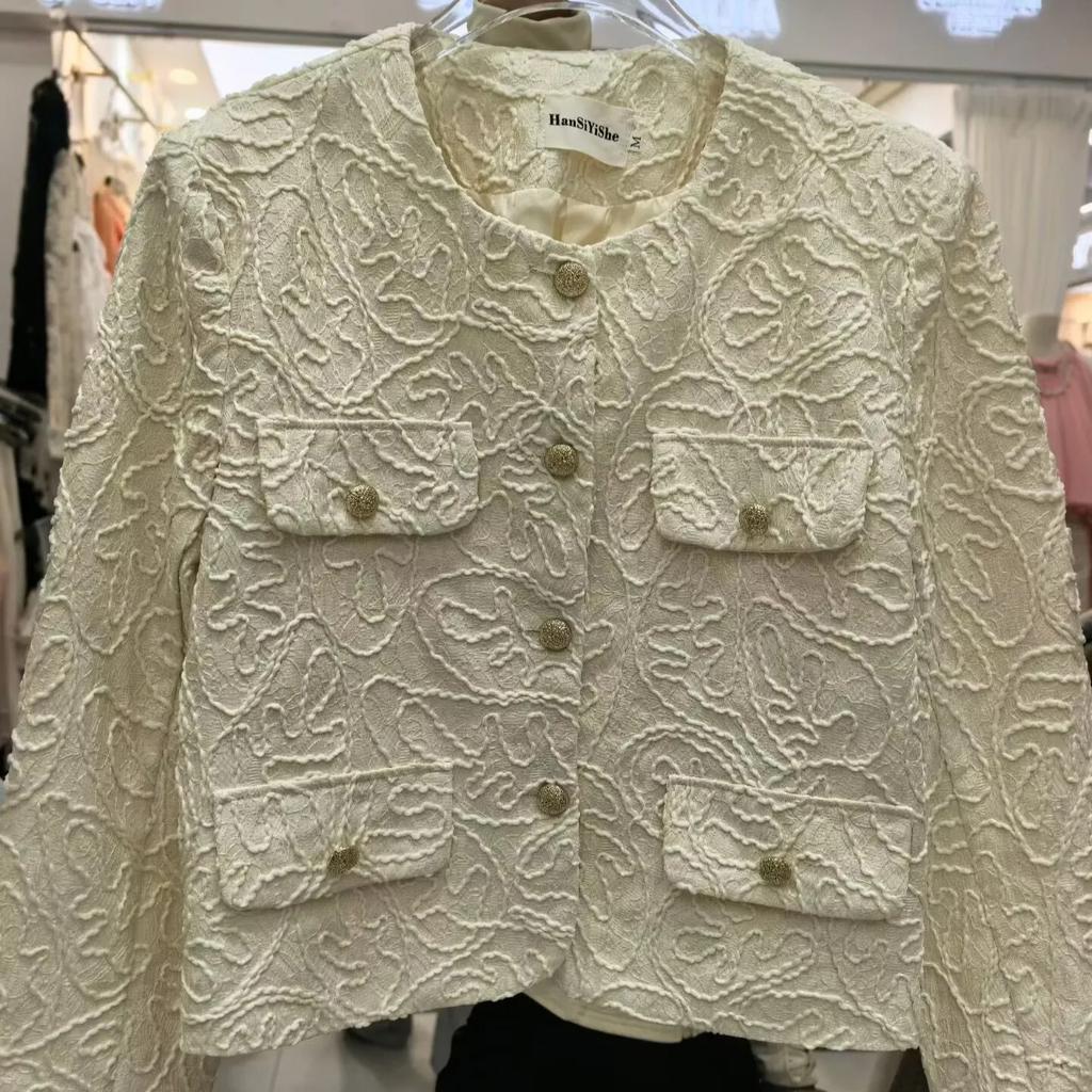 Streetwear Casual Jacquard Lace Jacket for Women Spring Autumn Korean Fashion 2026 Vintage O-Neck Long Sleeve Embroidery Short Coat