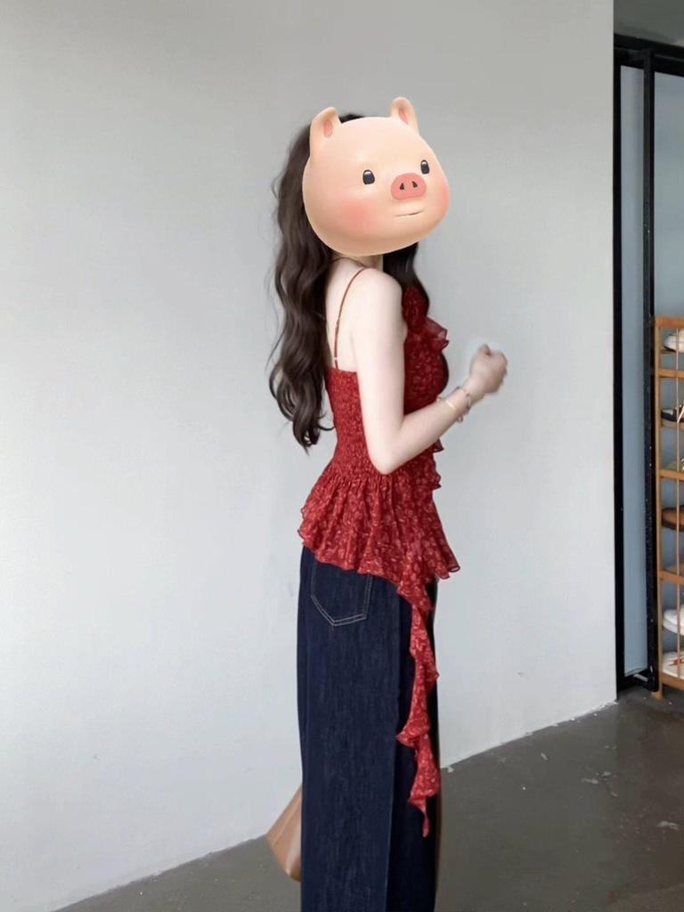 Women's French Retro Ruffle Red Camisole - Summer 2025 Irregular Pretty Top