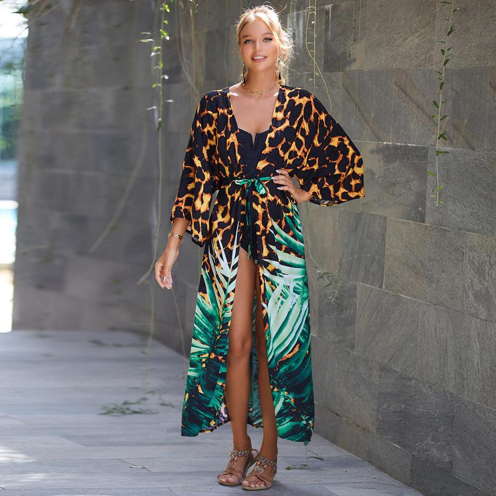 2023 European & American Rayon Waist Tie Beach Cover-up Sun Protection Cardigan for Women - Swimsuit and Bikini Outerwear