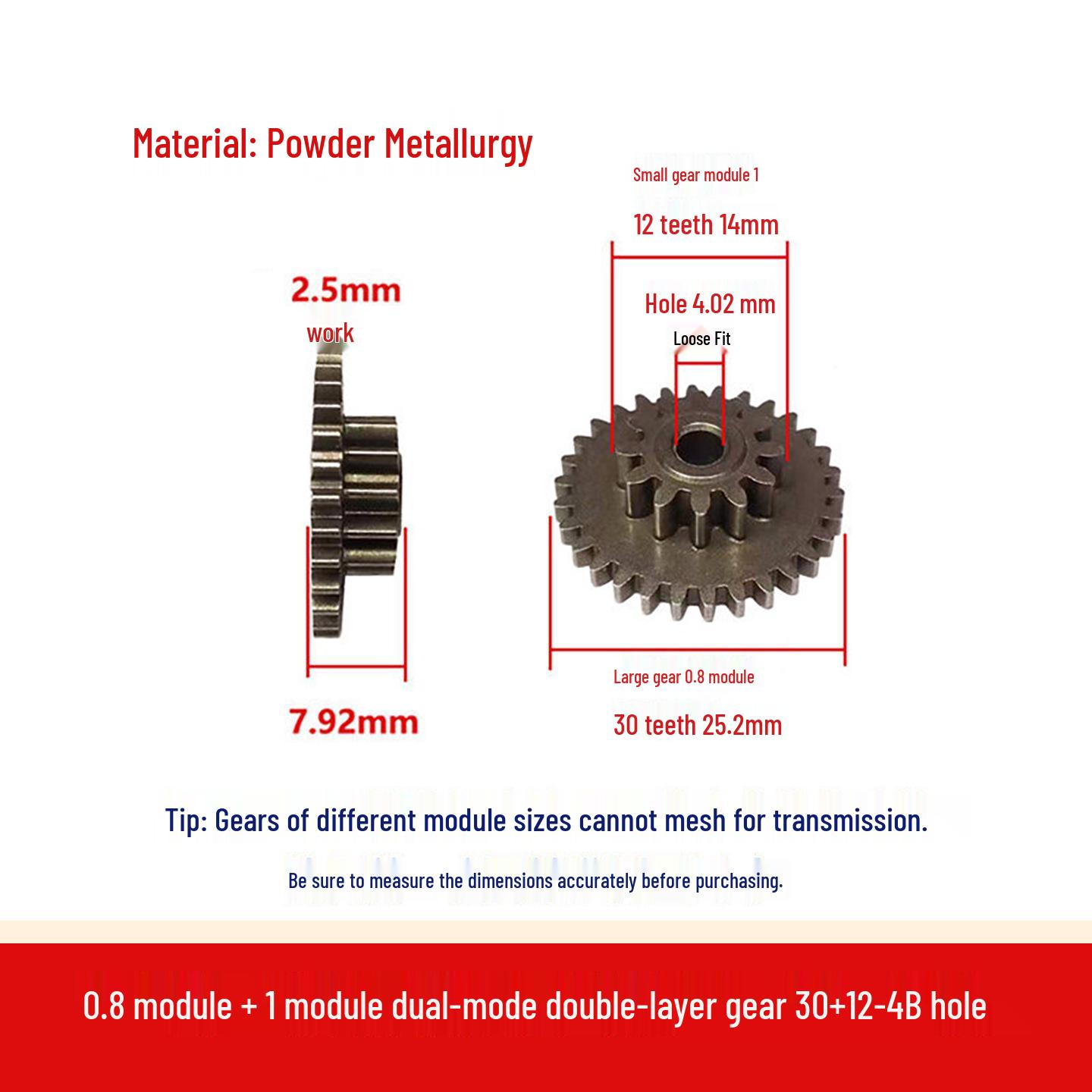 0.5 Module Powder Metallurgy Dual Module Gear (0.8 & 1 Module) with Double Layer Design, 30+12-4B Hole
