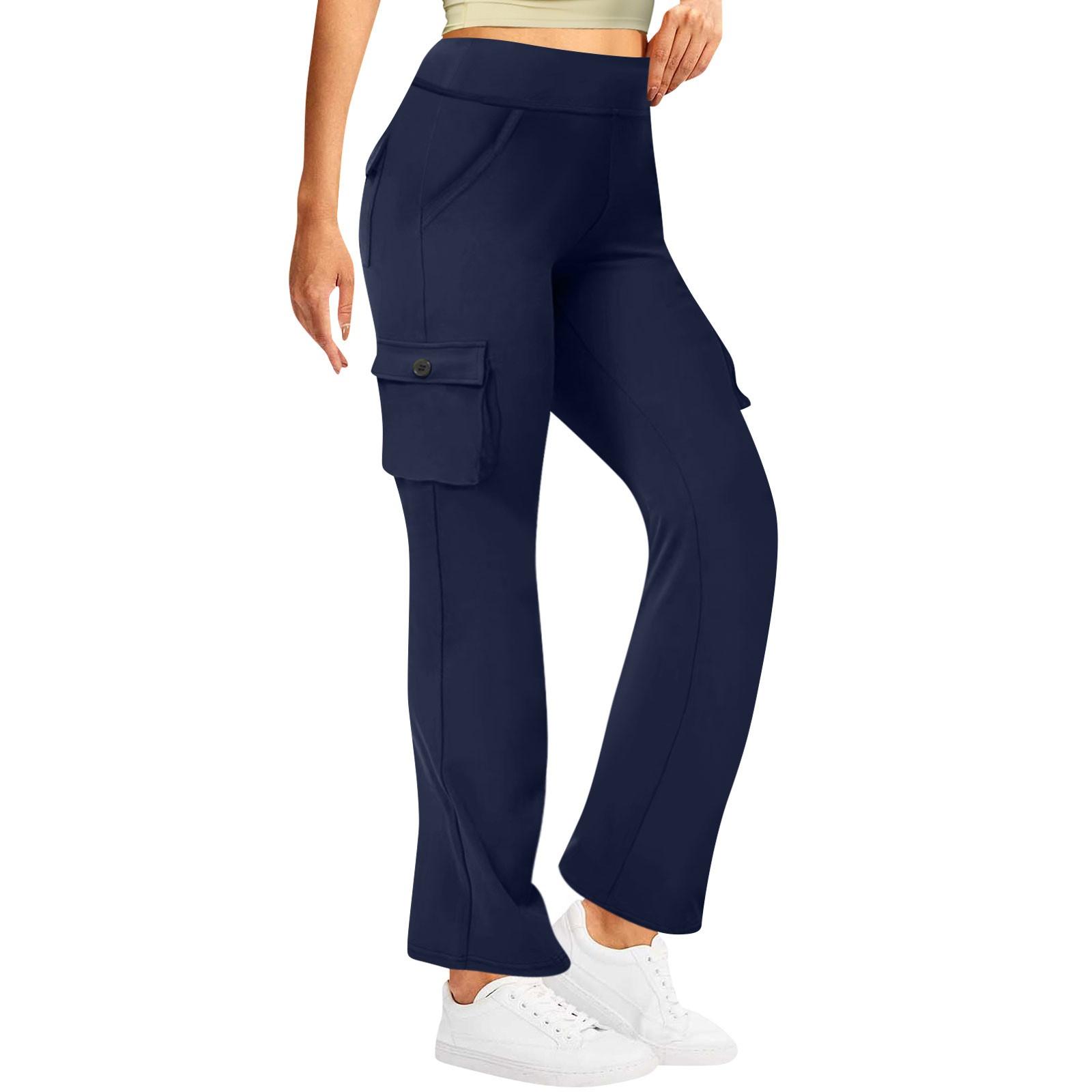 

Женские модные космические боковые карманы, эластичная талия, пуговицы, однотонные брюки с несколькими карманами XXL тёмно-синий