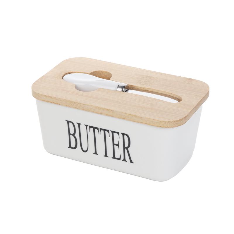 

Large Ceramic Butter Dish with Wooden Lid and Knife