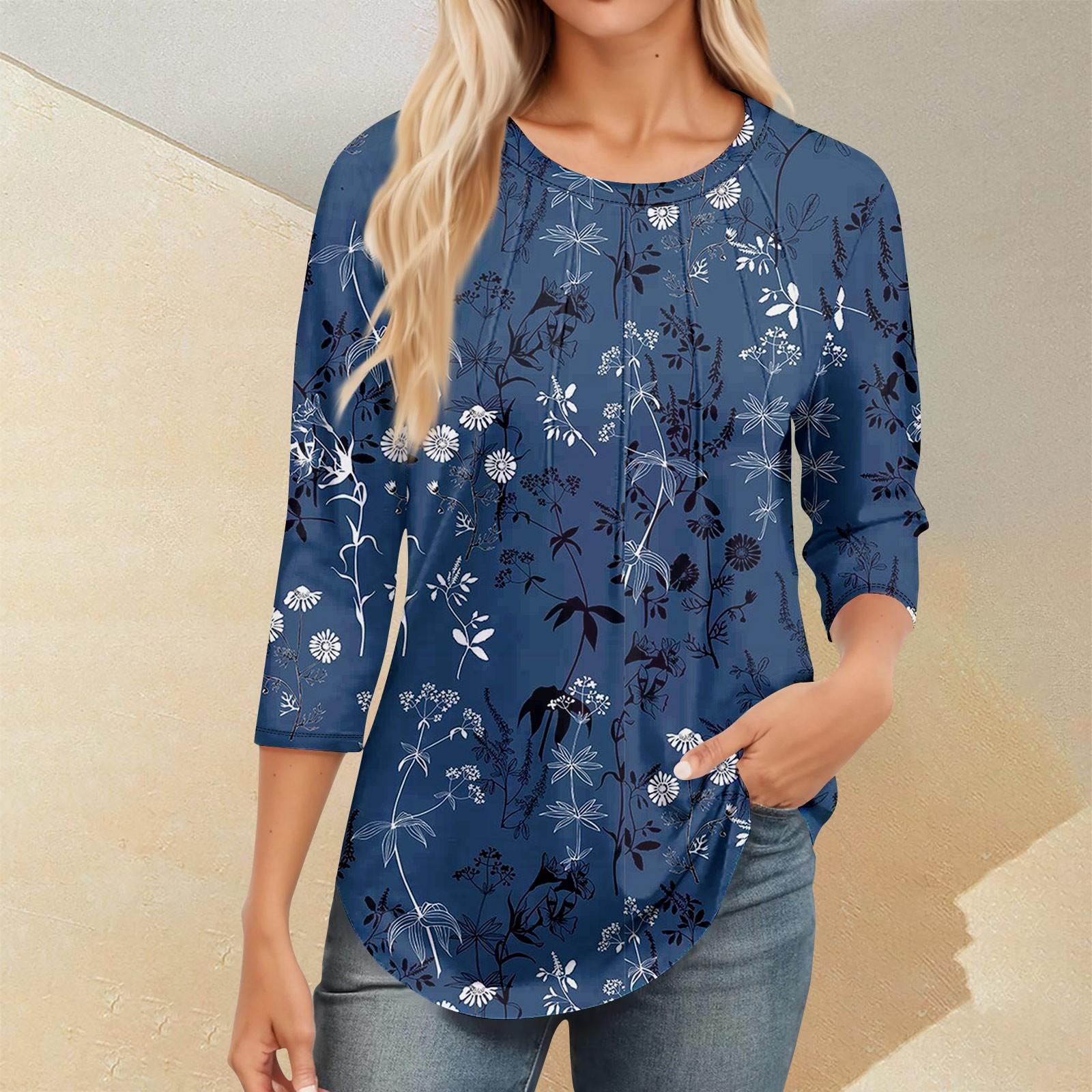 

Женский повседневный универсальный топ с круглым вырезом и цветочным узором в горошек и длинными рукавами L светло-синий