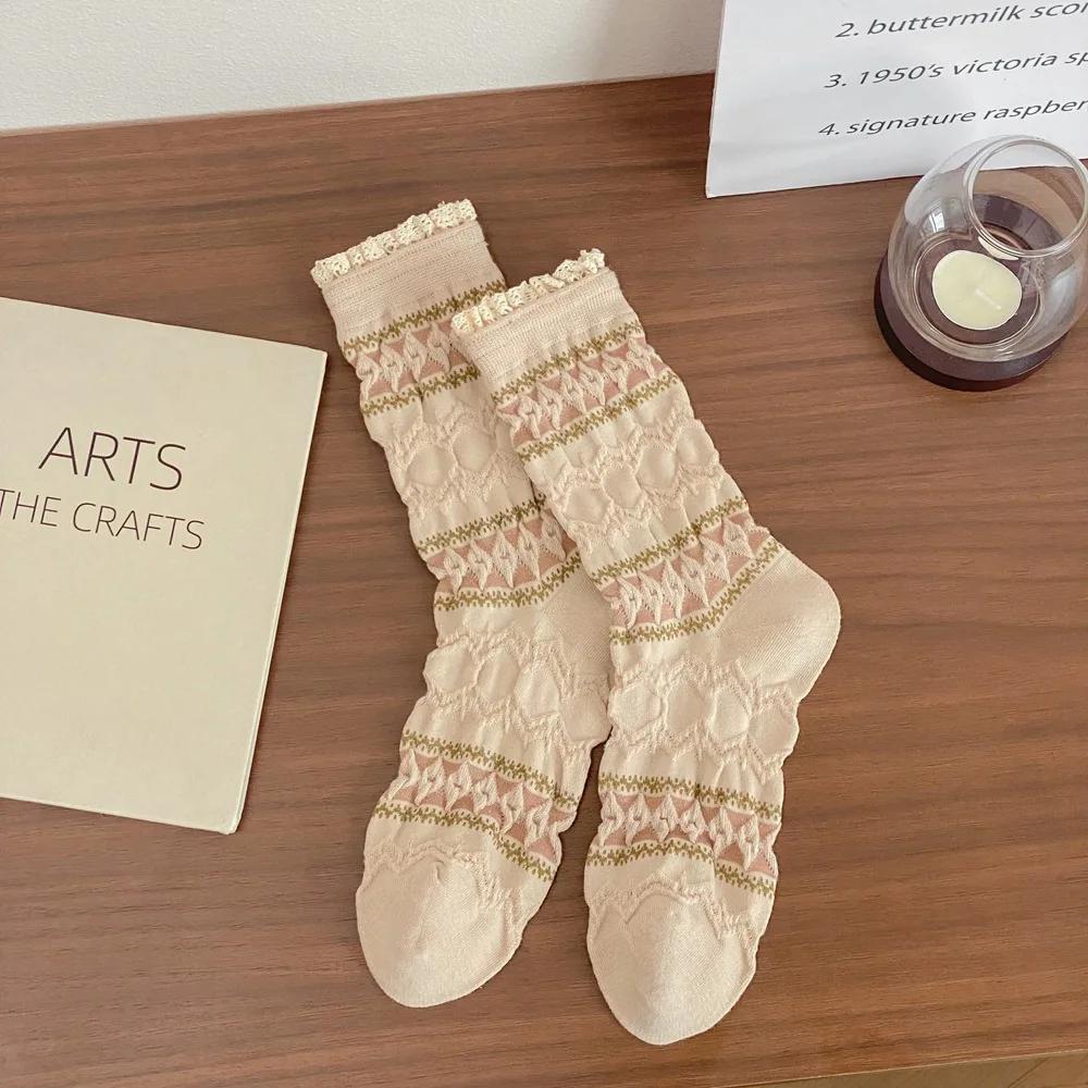 1 Pair Vintage Harajuku Women Socks Fashion Lace Edge Cute Sweet Flower Print Foot Socks  Streetwear Korean Style Female Socks