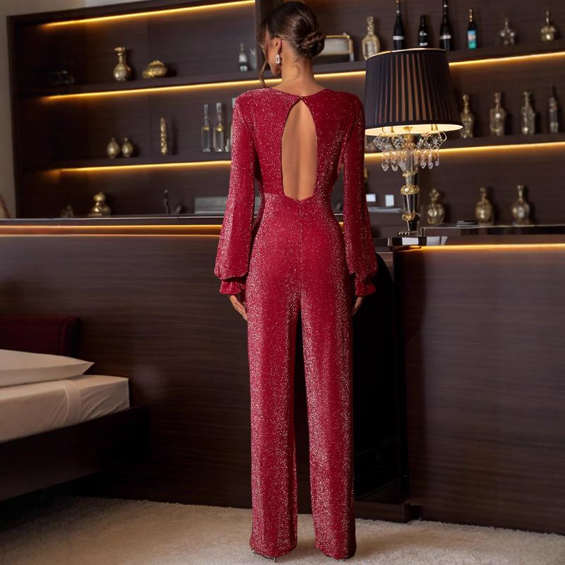 Elegant Backless Jumpsuit with High Waist and Long Sleeves