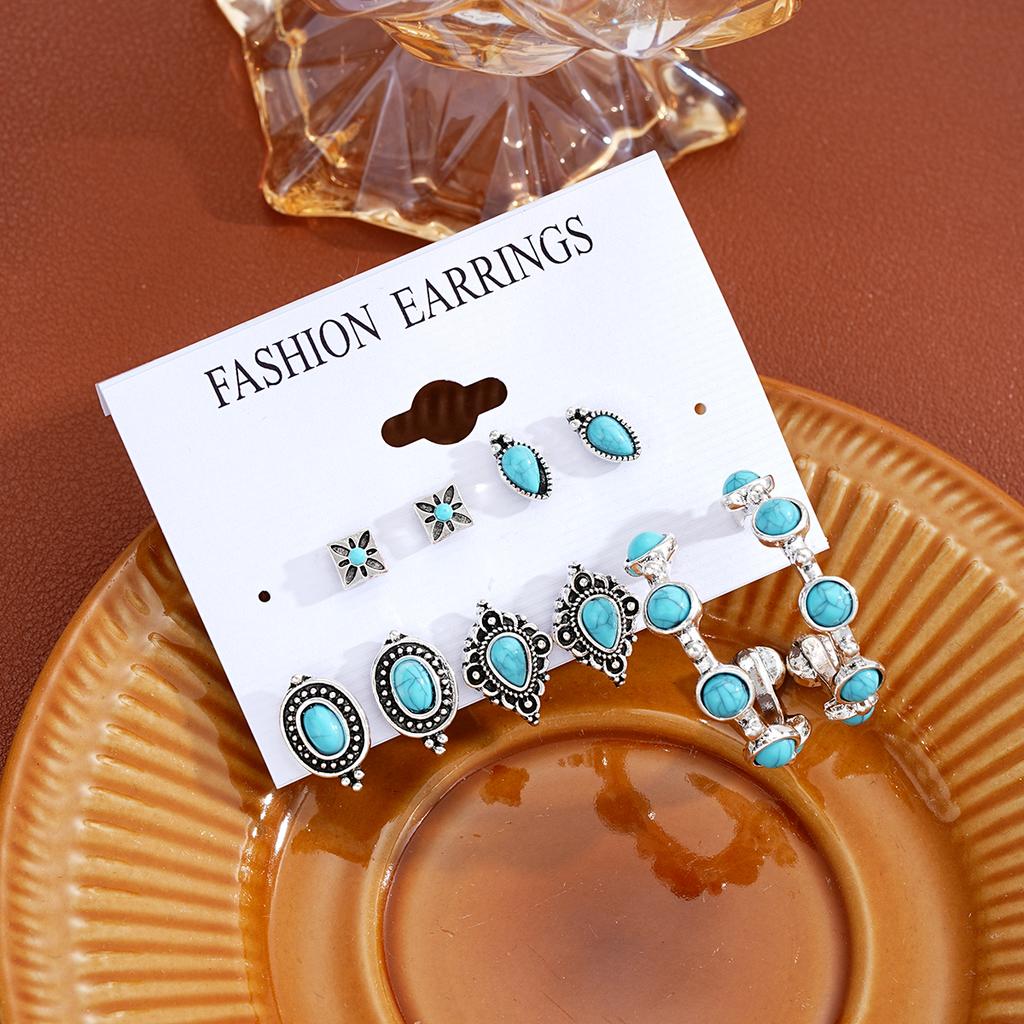 Vintage Turquoise Tibetan Silver Color Earring Sets For Women Boho Ethnic Geometric Heart Shape Leaf Shell Drop Earrings Jewelry