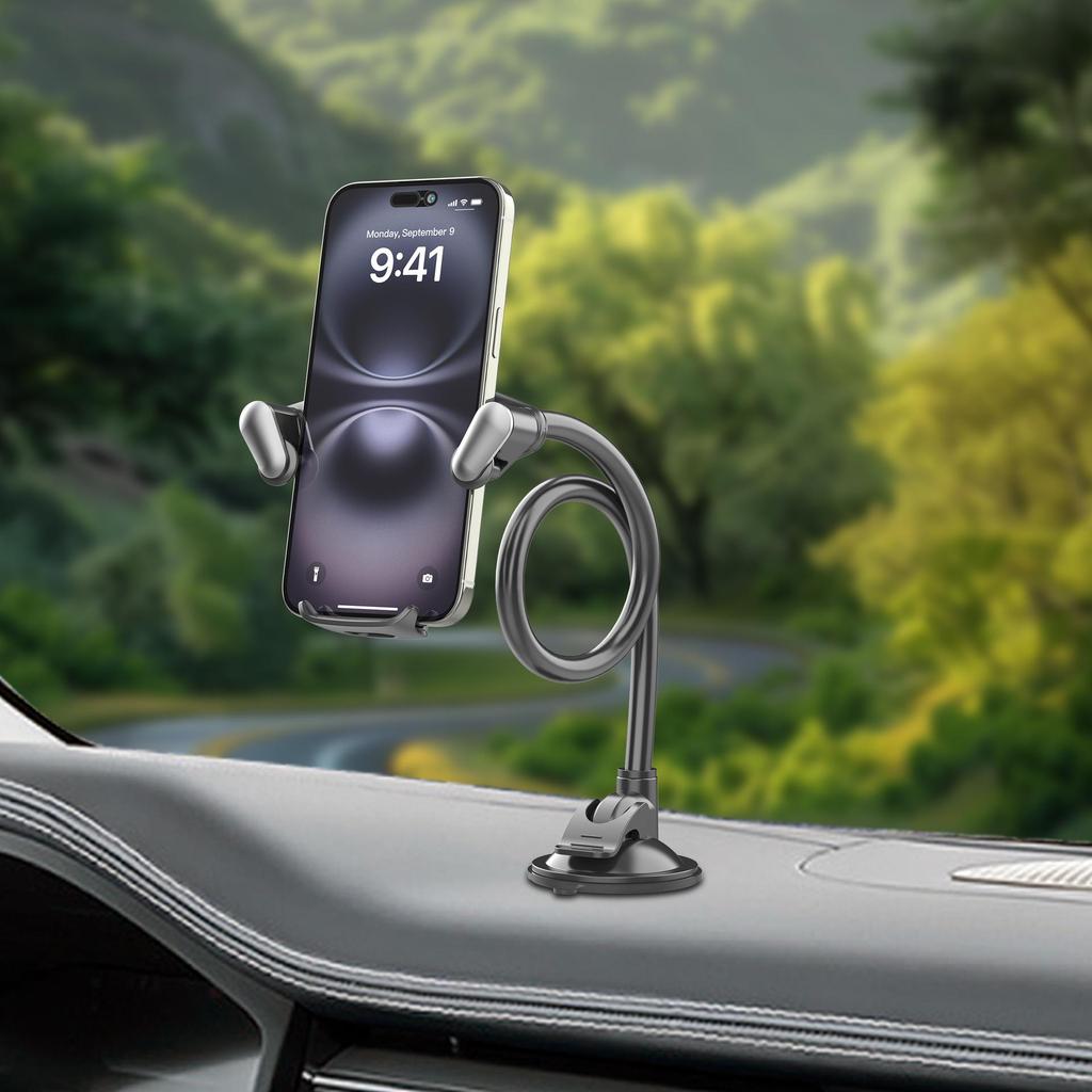 Multi-Functional Suction Cup Windshield Phone Holder with Extended Soft Hose for Cars, Trucks, Vans, and Buses