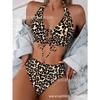 Leopard Print Pink Lily Halter Bikini Set Up High Waist Swimsuit for Women