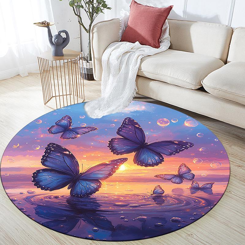 Butterflies Sunset Round Area Rug,Carpet Rug for Living Room Bedroom Sofa Playroom Decor,Non-slip Floor Mat