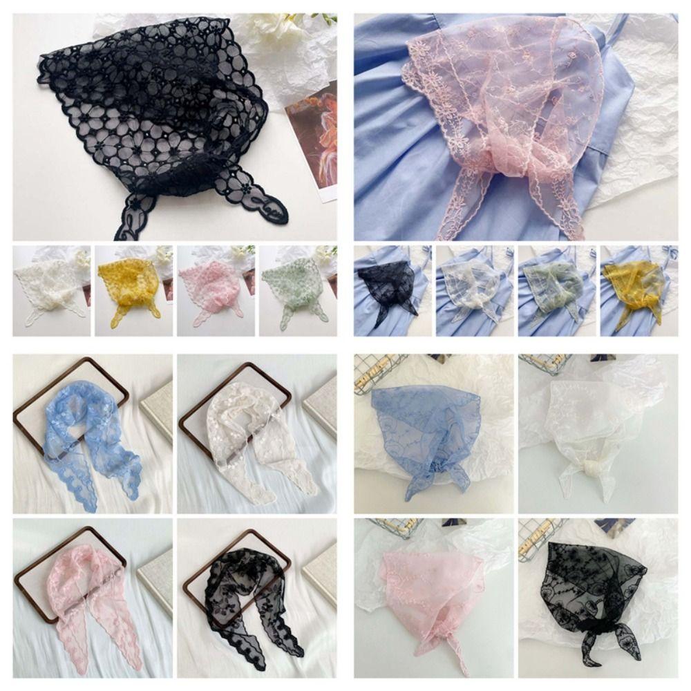 Foulard a Triangolo in Pizzo Traspirante Protezione Solare Leggero Sottile Fascia con Fiori Ricamati Sciarpe Stile Pastorale Sciarpa da Testa in Ramia