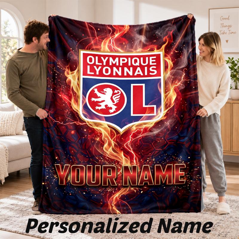 Lyon FC Personalized Flannel Blanket Custom Name Text Soft Throw Blanket Home Decor