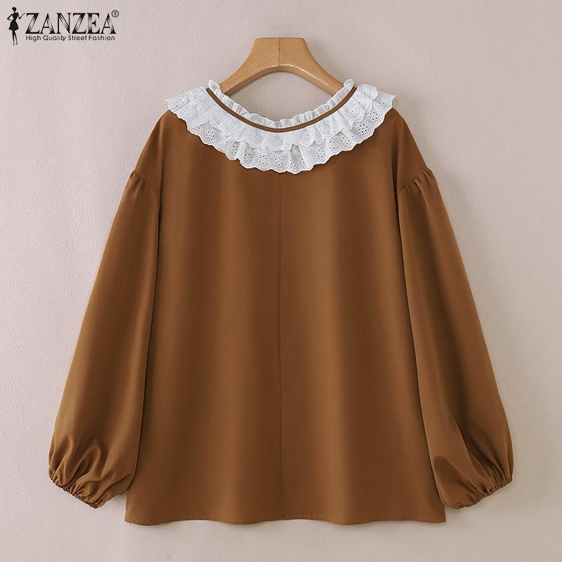 ZANZEA Dámská krajková háčkovaná halenka s kulatým výstřihem, volná, s dlouhým rukávem